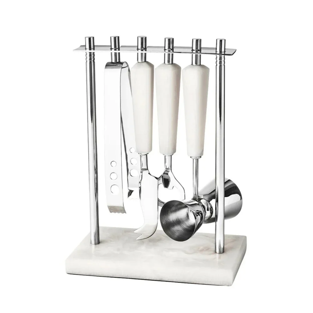 Godinger Azure White Resin & Stainless Steel 5 Piece Bar Tool Set - NIB